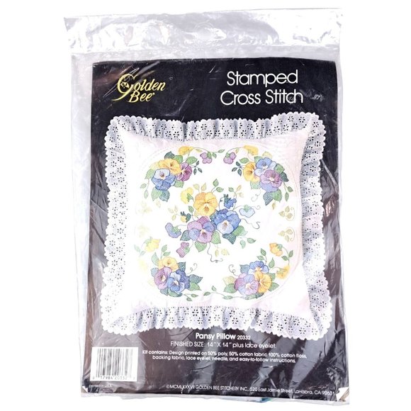Vintage Stamped Cross Stitch Pillow Kit Pansy Golden Bee Lace 20332 Flower Craft - Picture 1 of 6